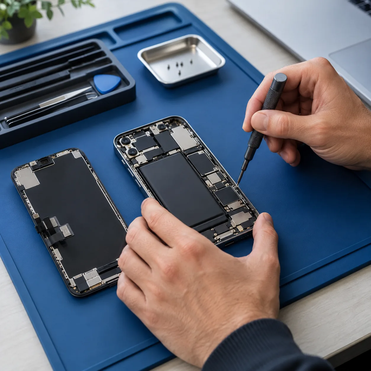 Ремонт iPhone на рабочем столе с инструментами